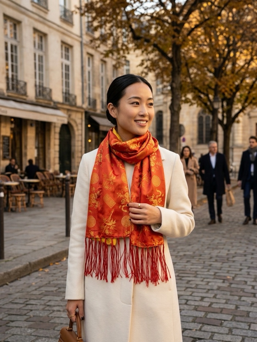 100% Vietnam Silk Reversible Scarf - Red & Gold Asian Jacquard Brocade VGUC